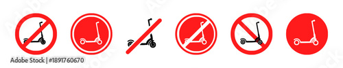Collection of electric scooter prohibition signs and symbols, circular red no entry signs with scooter graphics and diagonal cross-out lines, indicating restrictions on scooter usage in certain areas
