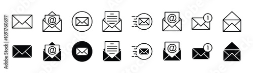 Collection of email and message icons in both outline and solid styles, depicting envelopes, notifications, and email symbols, useful for communication and digital correspondence.