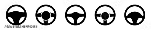 Collection of five distinct steering wheel icons in various designs and solid black outlines, representing driving, automotive, vehicle control, transportation, and navigation, car steering mechanisms