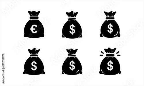 Collection of six money bags with currency symbols, representing wealth and financial concepts.