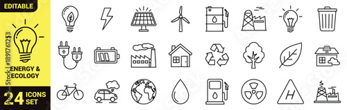 Energy and environment icon set with solar panel, wind turbine, recycling, electric car, pollution, eco-friendly housing, and sustainability symbols