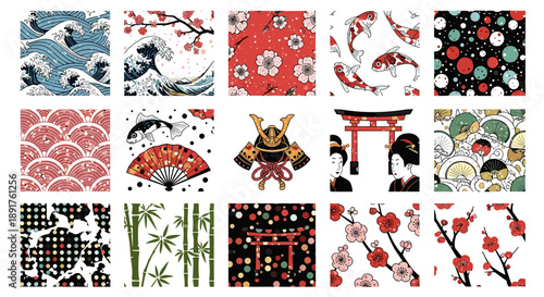 Collection of traditional japanese patterns and symbols for design
