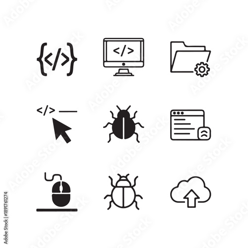 Coding and Bug Icons in Minimalist Black Style with Simple Shapes for Web Development