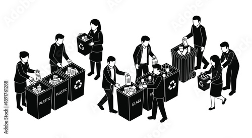 People sorting recycling into labeled bins for environmental sustainability