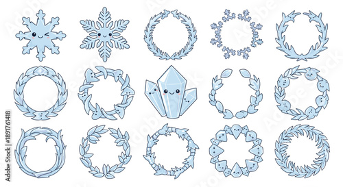 Set of twelve decorative winter wreaths with snowflake motifs