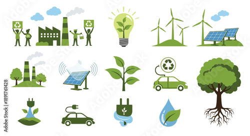 Green energy and sustainability icons depicting eco friendly solutions