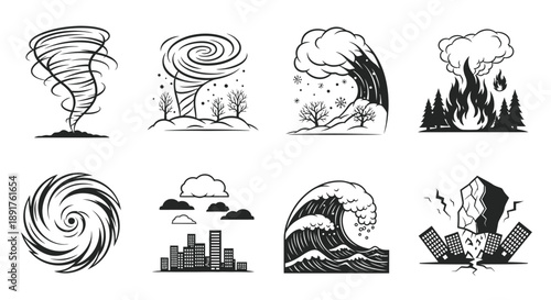 Illustrations of natural disasters tornadoes waves wildfires and storms