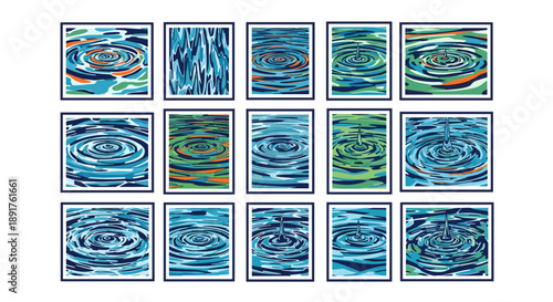 Collection of various water ripple patterns with different colors and textures