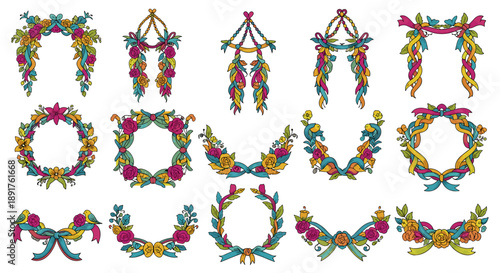 Collection of colorful christmas wreaths and decorative bows for holidays
