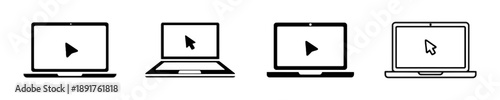 Collection of laptop computer icons displaying play button symbol and cursor indicating video playback or online content viewing on screen vector graphics