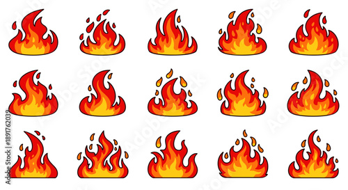 Collection of various fire flames with different shapes and sizes