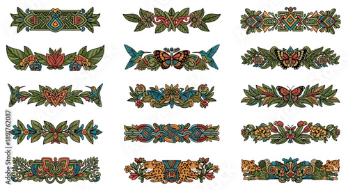 Collection of colorful christmas holly and pine branch decorations