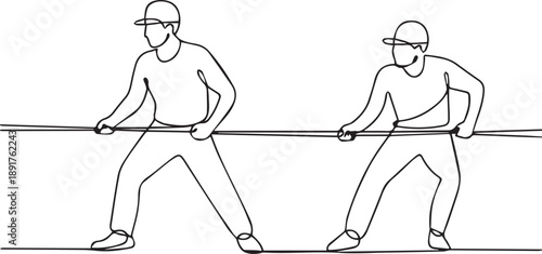 Two men pulling rope in opposite directions in a tug of war competition