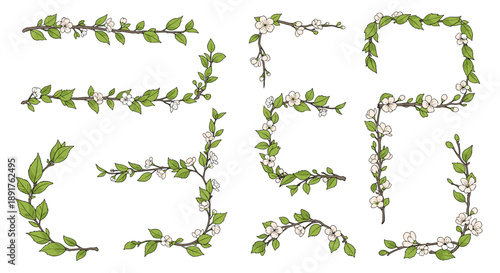 Set of decorative green ivy leaves arranged in various shapes and patterns