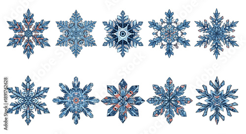 Collection of blue snowflakes with intricate patterns and details