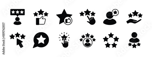 Customer rating and feedback icons set graphic stars user reviews satisfaction level and quality assessment thumbs up and hand gestures for client opinion and service evaluation vector