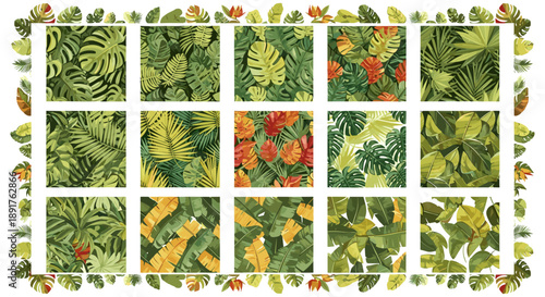 Collection of tropical leaves and plants with vibrant colors and textures