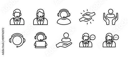 Customer service icons including agent headset, support person, helping hands, laptop computer, and communication bubbles for online assistance and helpdesk services