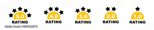 Customer rating system showing star ratings from five to one star with corresponding numerical scores and text label for feedback and review evaluation in a clean graphic presentation