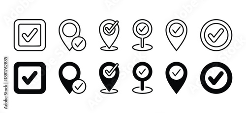 Collection of simple outline and filled icons representing location markers with checkmarks and square frames, isolated on white background, modern graphic design elements