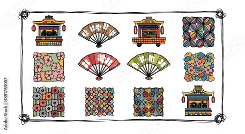 Collection of traditional asian fans and decorative textiles