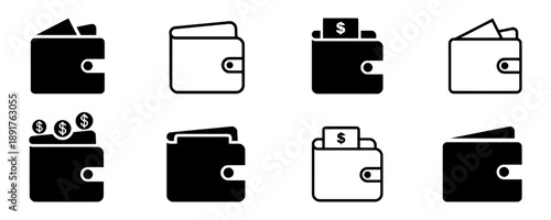 Collection of wallet icons, representing finance, money, and personal finance management, featuring open and closed wallets, with and without cash, in black and white.