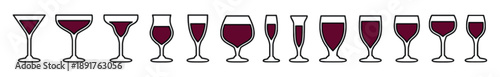 Collection of various wine glasses filled with deep red wine, presented in a horizontal line, symbolizing celebration and sophistication