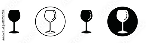 Collection of wine glass icons representing different styles and variations including filled outline circle and solid black designs for beverage and hospitality service