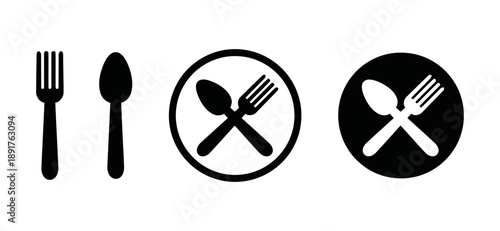 Combination of fork and spoon icons representing dining utensils in various styles including outline solid black and circular emblem for meal service