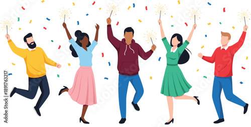 People Celebrating Party Illustration with Men and Women Dancing, Jumping, and Holding Sparklers for Festival, Event, and Joyful Lifestyle Design