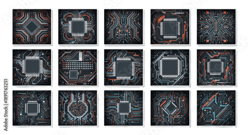 Collection of futuristic digital circuit board designs with glowing elements