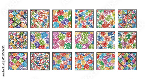 Collection of colorful abstract mosaic patterns with vibrant shapes