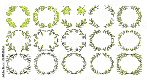 Collection of various green leafy wreaths and circular garlands