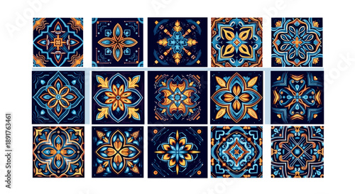 Collection of intricate blue and orange patterned tile designs