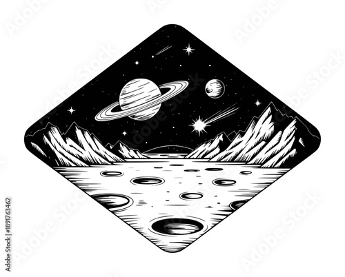 Black and white of a lunar landscape with planets and stars in the sky space moon
