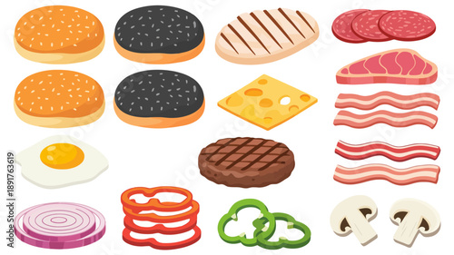 Collection of burger ingredients including buns meat cheese bacon egg onion peppers and mushrooms