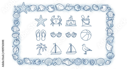 Collection of summer vacation icons including beach accessories and activities