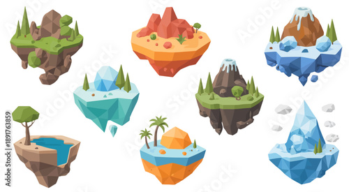 Collection of low poly floating islands with diverse biomes and geological landscape fantasy
