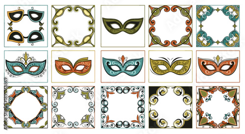 Collection of decorative masquerade masks with ornate designs and colors