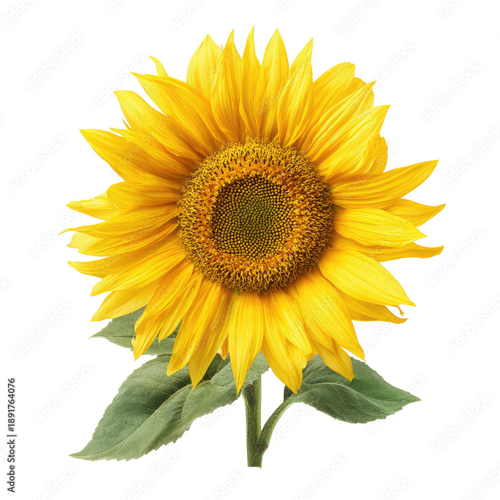 Naklejka premium Bright yellow sunflower with green leaves