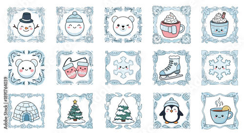 Collection of cute winter holiday icons with festive themes and animals