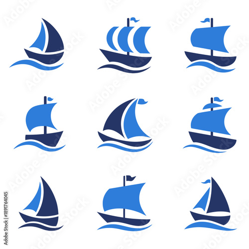 Collection of stylized blue and dark blue sailing ship white background sailboat boat