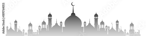 Elegant silhouette of an Islamic mosque or city skyline with domes, minarets, and a crescent moon, depicting a spiritual and cultural landscape.