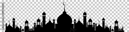 Black silhouette of an Islamic mosque or city skyline with multiple domes and minarets, featuring a crescent moon on the main dome, against a transparent background.