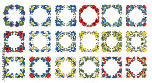 Collection of colorful floral wreaths arranged in various shapes and sizes