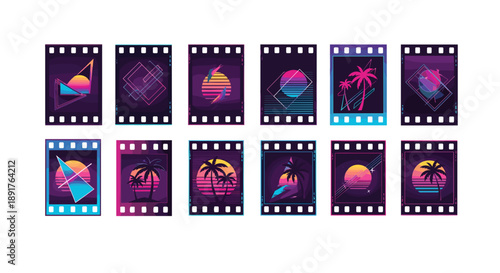 Collection of vibrant neon sunset and tropical island scenes in film strip format