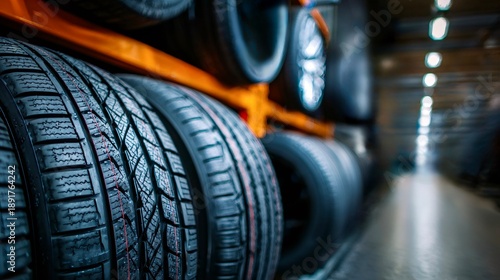 Automotive tires and wheels with distinct treads are neatly arranged on orange shelves in a well lit car service center, ready for sale or installation