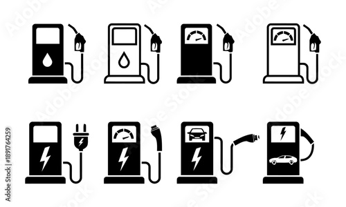 Eight black icons illustrating fuel pumps and electric vehicle charging stations showing gas and battery power options