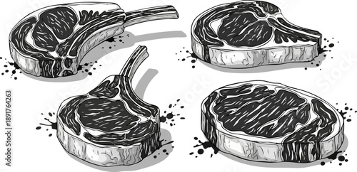 Hand drawn black and white illustration set showcasing four different cuts of raw beef steaks ready for grilling or cooking preparation