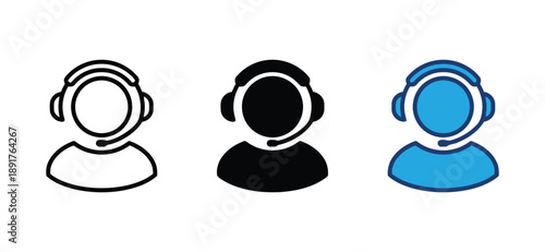 Customer support and service icons featuring a person with headset, symbolizing assistance, communication, call center, technical help and online consultation, line art and solid fill styles